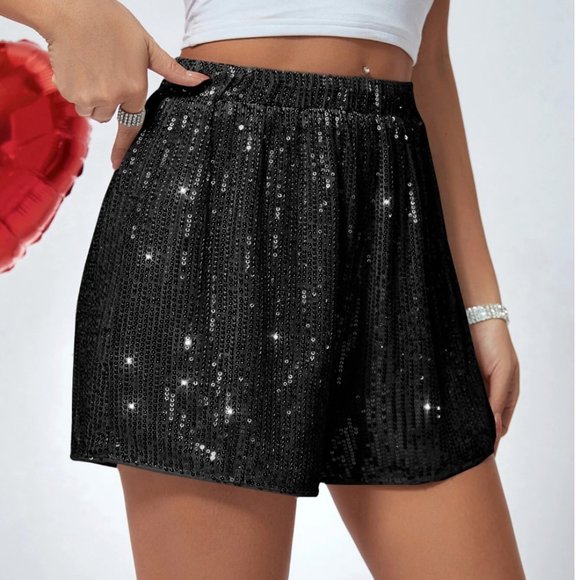 Black Sequin High Waist Shorts - Picture 3 of 5